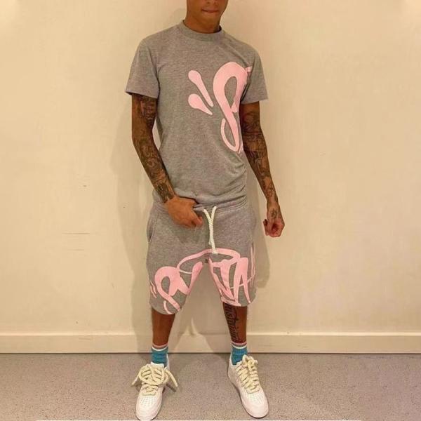 Logo personnalisé Embroidery appliqué Patches High Street Impression T-shirts T-shirt à la mode à manches courtes Coton survêtement court ensemble pour hommes