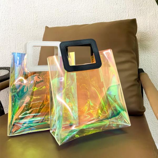 Радужные сгущенные ясные сумки PVC с ручкой PU кожаной