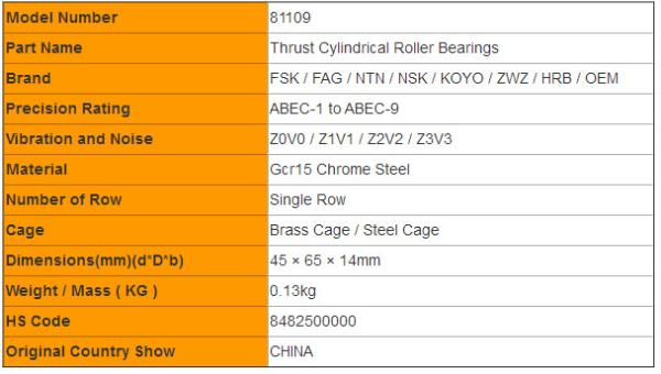 High Temperature 81109 Thrust Cylindrical Roller Bearings Single Row