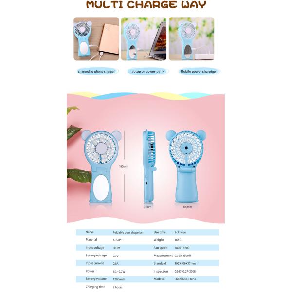 Foldable Mirror Small Battery Operated Fan Strong Cool Wind No Noise KC Battery