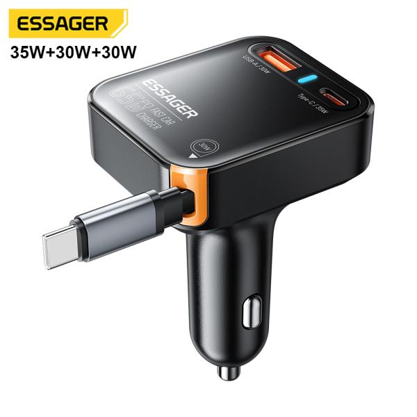 ESSAGER F760 USB-Cケーブル付きPD 65W Type C USB格納式車載充電器