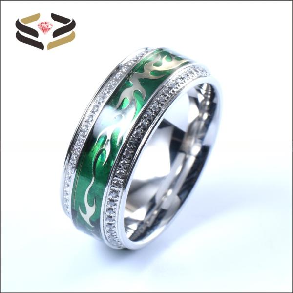 Hombres Plata Titanio Cubico Zirconia Anillo de Boda Con Nubes de Plata Y Incrustación de Foliu Verde