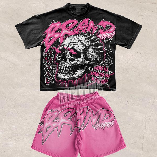 Summer Track Suit Boxy Dtg Crack Screen Print Cropped Acid Wash Vintage Tshirt Shorts Set 2 Piece Short Set Custom Logo