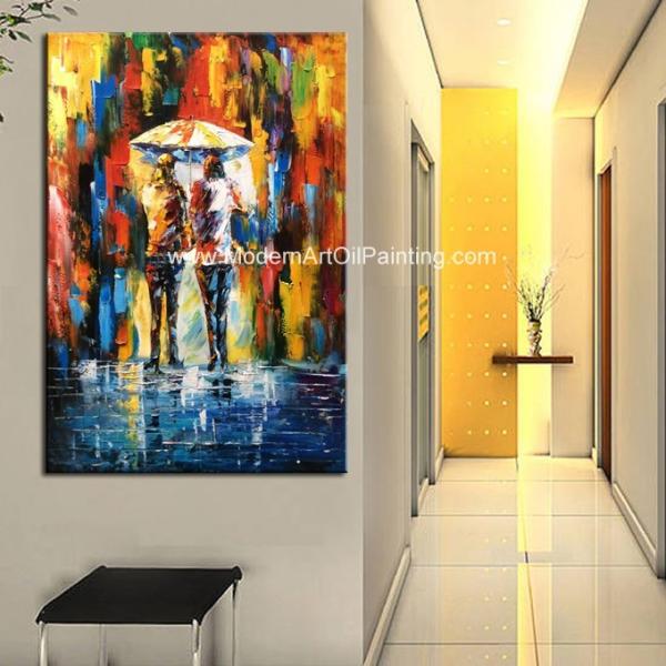 Framed Palette Knife Oil Painting On Canvas , Abstract Art Paintings Umbrella Girls