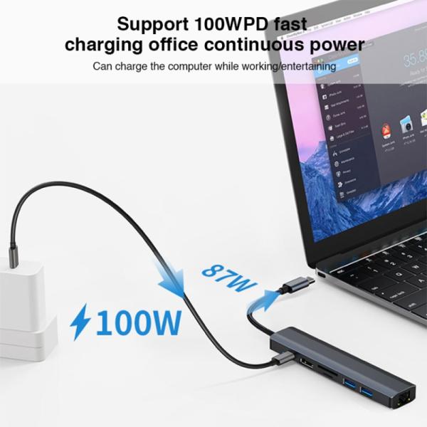 Gray 7 In 1 USB C Type C Hub with 1000M RJ45 Gigabit Ethernet 4K HDMI PD 100W Adapter