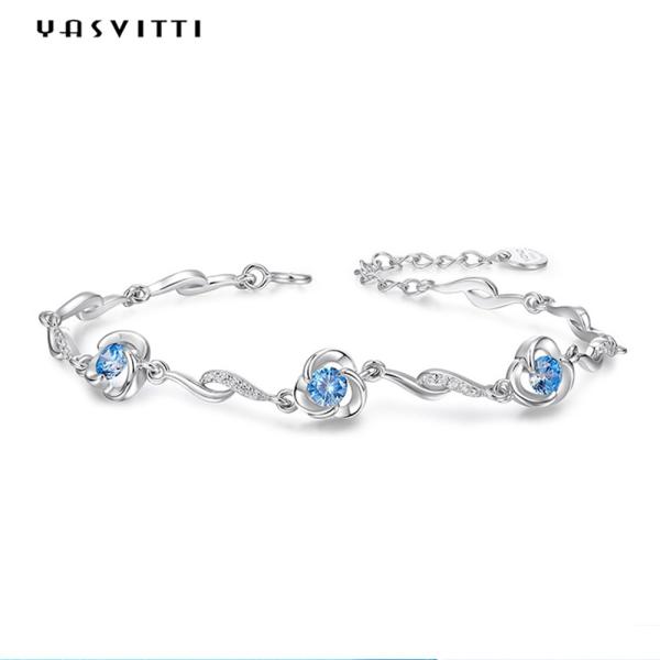 bracelete azul do cristal de rocha de 7.3in 5.2g Sterling Silver Jewelry Bracelets AAA CZ