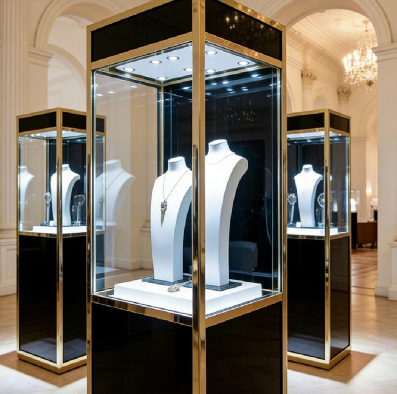 Freestanding Gold Trim Jewelry Display Cabinet with Built-in LED Lighting for Luxury Retail Stores