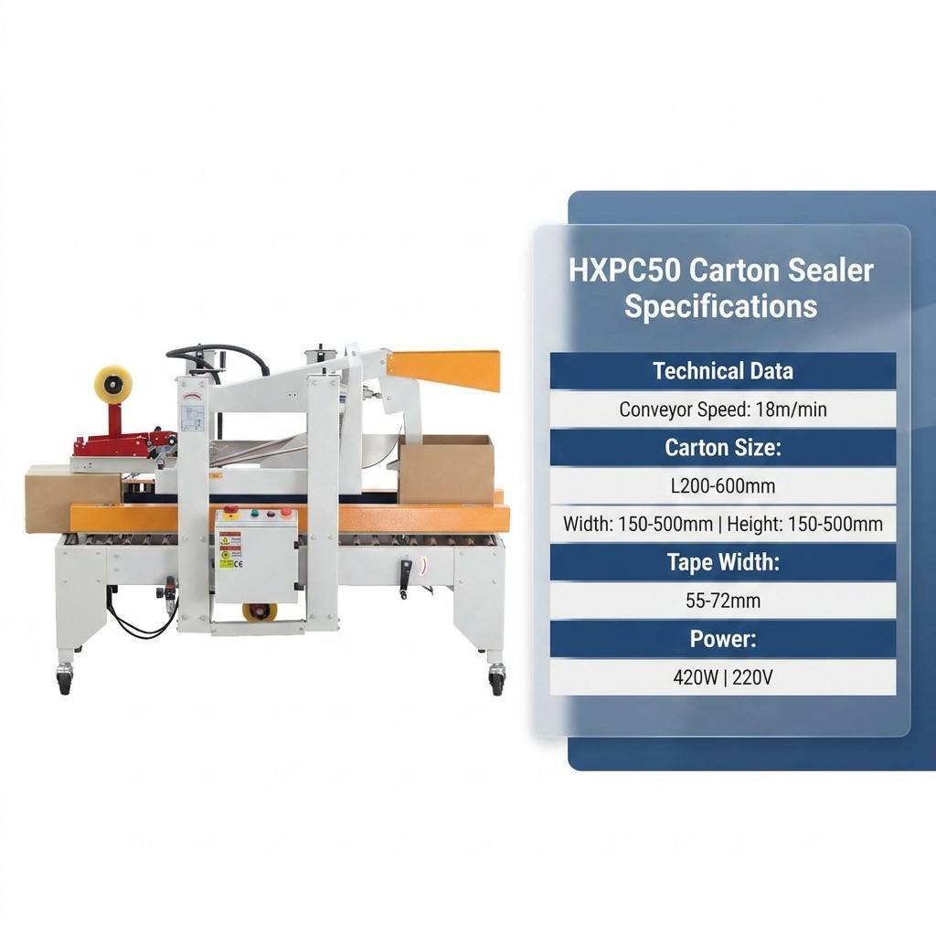 HXPC50 Industrial Box Sealer Automating Flap Folding Tape Sealing and Discharging