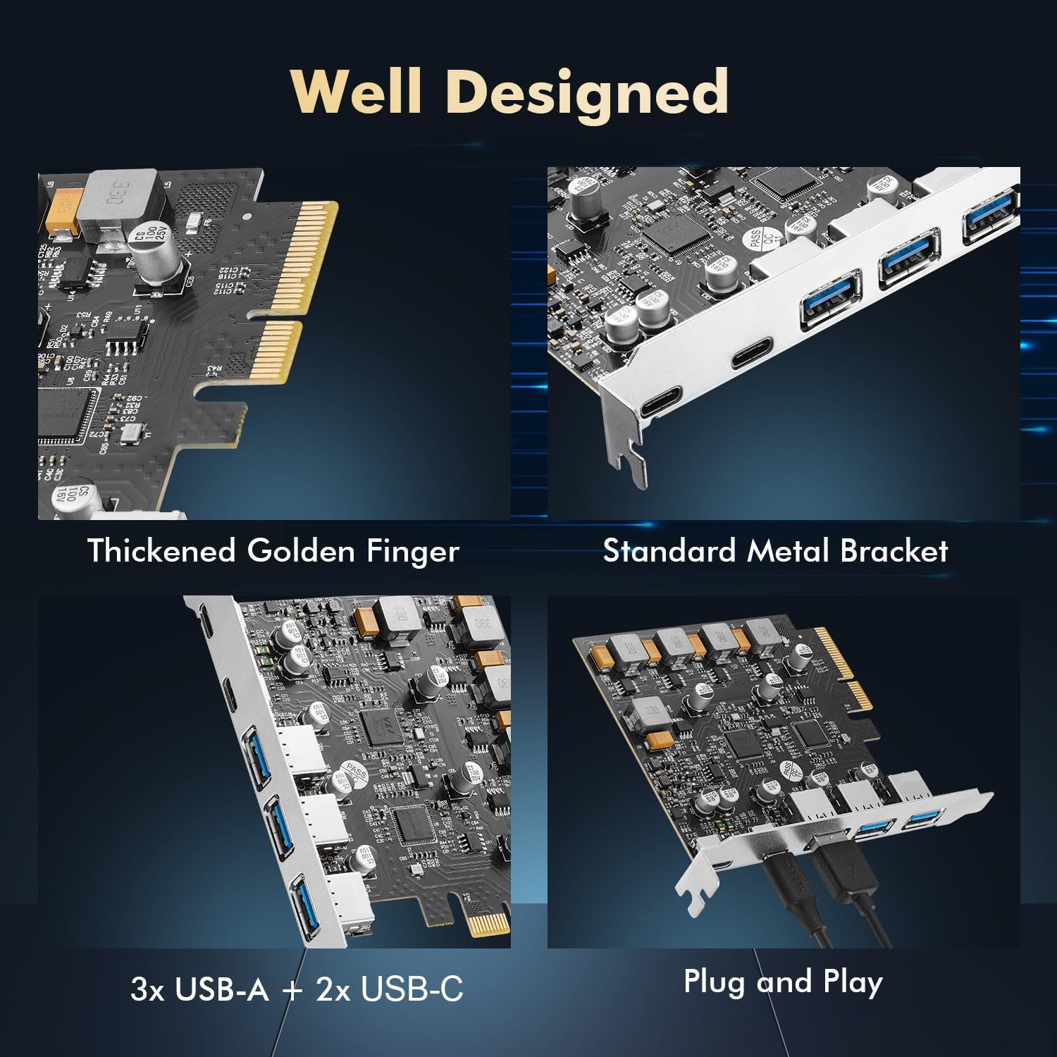 Black PCIe To USB Card 5 Ports PCI Express X4 Adapter USB 3.2 Gen 2 Dual USB C Triple USB A