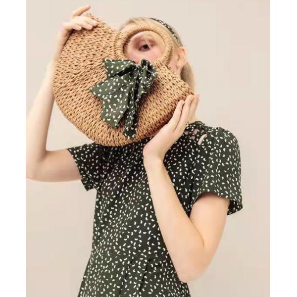 Brown Corn Skin Crochet Hand Bag Small With Green Scarf Bow Woven ODM