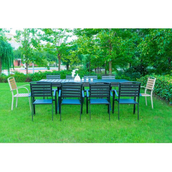 Black 11 Pieces Plastic Wood Modern Outdoor Garden Furniture Table Set 8-10 Seater Extendable Patio Dining Table Chairs