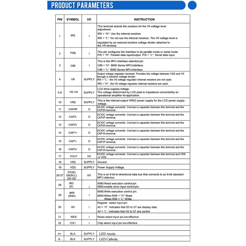 COG12864-16 Blue Film Fog Backlight Full View Wide Temperature Screen Fstn Material I2C \ SPI Module
