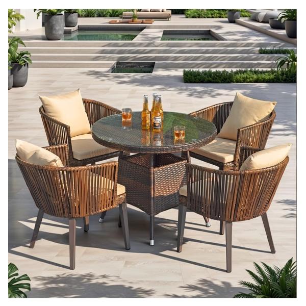 Outdoor Patio Rattan Chair And Table Set Garden Wicker Dining Chairs Weatherproof UV-Resistant Design For Balcony Terrace Or Open Deck