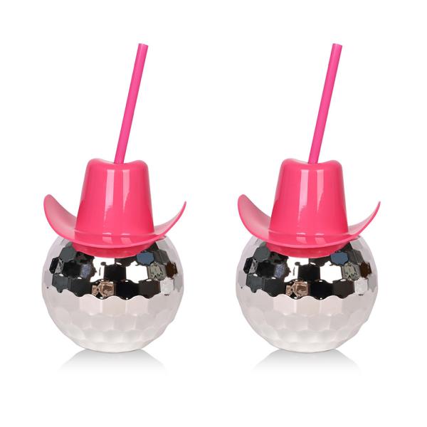 Pink Cowboy Hat Disco Ball Cup With Straw 600ml 20oz Food Grade Plastic