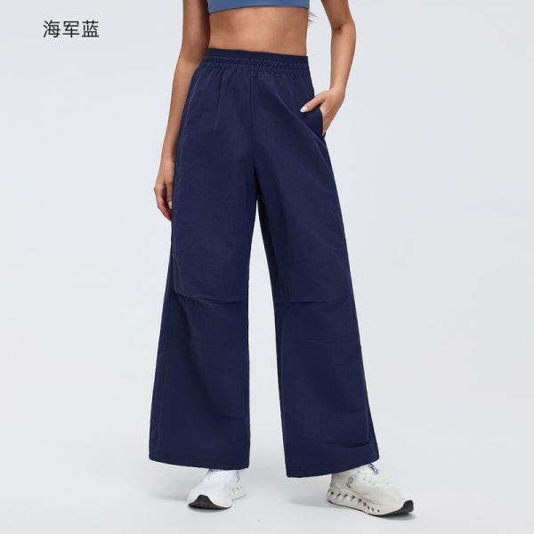 Navy Blue Elastic Waist Wide Leg Pants with Pockets for Women Casual and Athletic Wear