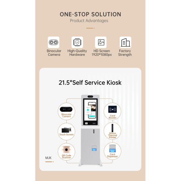 21.5 Inch Self Service Payment Kiosk Touch Screen 5MP Camera RFID Card Dispenser Facial Recognition Barcode Reader SDK Enabled