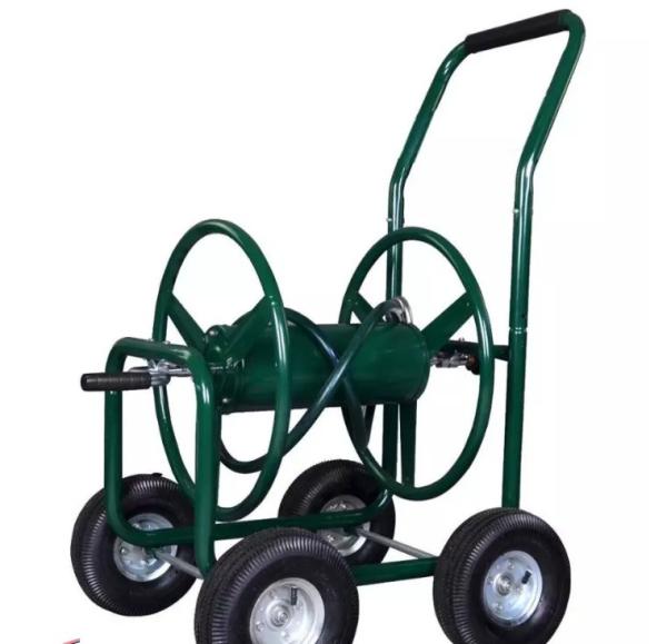 Four-Wheel Steel Garden Hose Reel Cart for Convenient Heavy Duty Tool and Hose Storage
