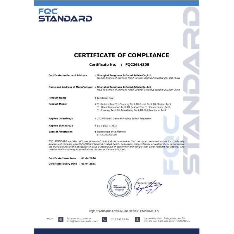 About Tonghuan Inflatables Certifications