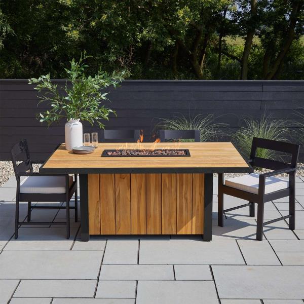 Outdoor Dining Fire Table Propane Gas Fire Pit Table with Teak Wood Aluminum Frame