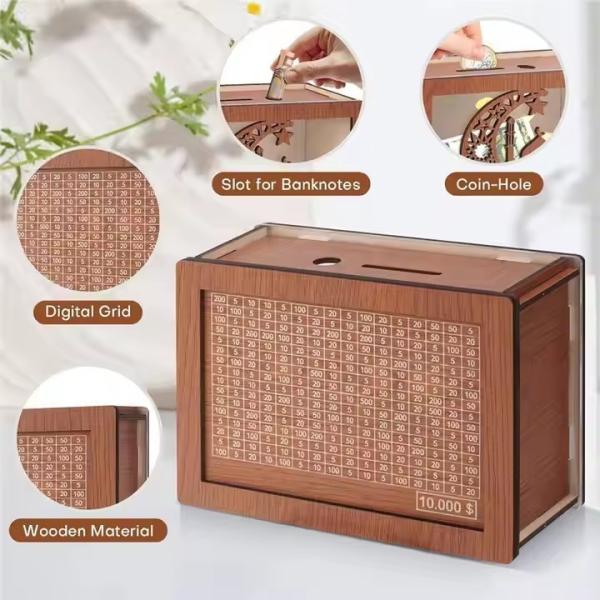 Cute Square Wooden Piggy Bank - Adorable Savings Container Durable Wooden Design for Kids and  Adults
