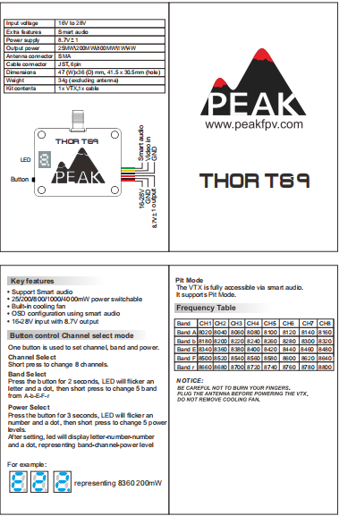 PEAK T89 VTX VRX 4W High-Power FPV Video Transmitter with 64CH and 8.0GHz–8.8GHz Frequency Range for Racing Drones