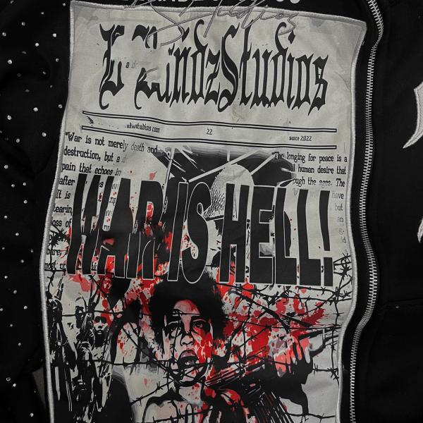 Men'S Cotton French Terry Hoodie Cropped Zip With Acid Wash Embroidery Applique Patch