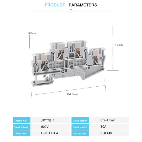 Нажим рельса Din JPTTB 4 в двойном ровном терминальном блоке 4mm2