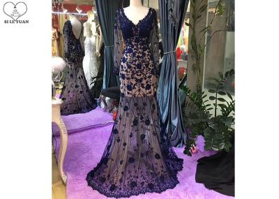 Navy Blue Long Sleeve Lace Mermaid Prom Dress V Neck Backless See Through Style