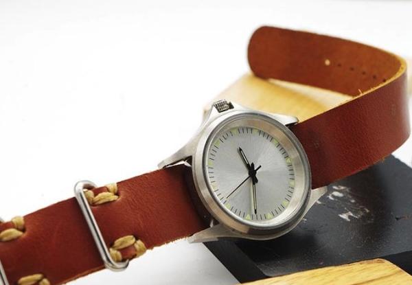 Hand Made Stainless Steel Watch With Leather Band A Whole Straps Through