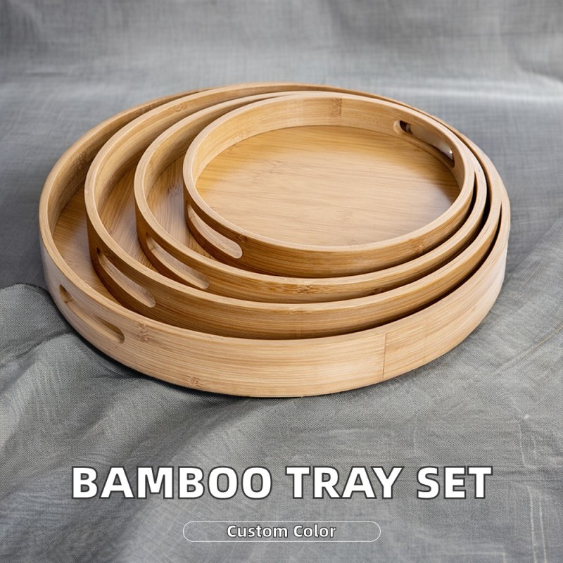 Custom Round Bamboo Floating Serving Trays Set Polished Wooden Tea & Coffee Tray with Handles Sustainable