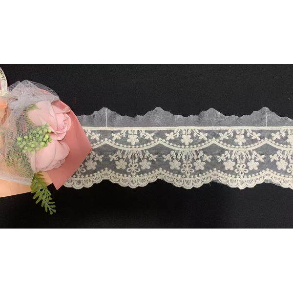 Exquisite French Wave Pattern Eco-Friendly Voile Lace with Water-Soluble Mesh and Embroidery Stretch Fabric