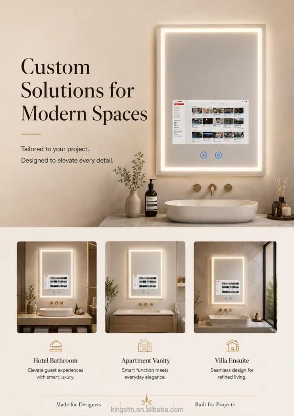 Kingstin Custom Frameless LED TV Bathroom Mirror with 3 Color Temperatures and Defog for Hotels, 