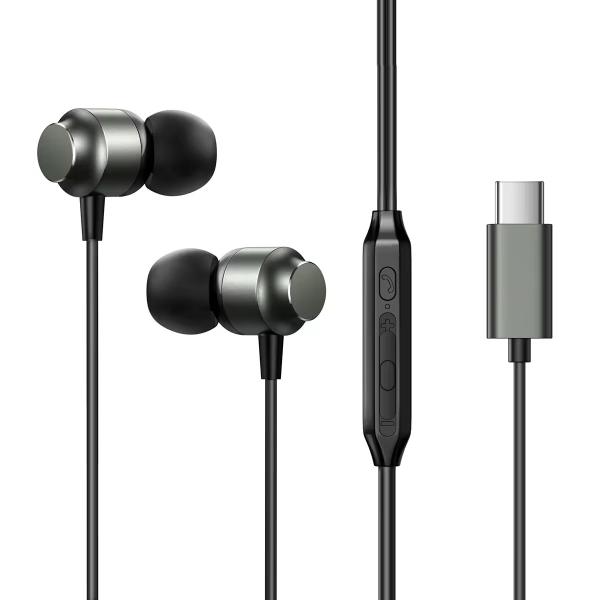 Logotipo personalizado Fones de ouvido com fio preto tipo C, controle de volume Fones de ouvido com fio USB C