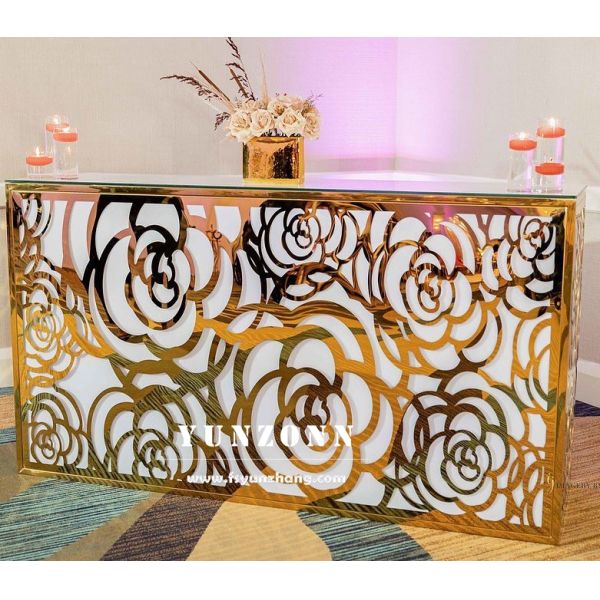 Club Furniture Round Stainless Steel Frame Gold Rose Pattern Portable bar Table Wedding bar Counter