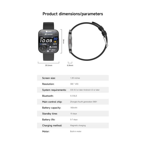 Hot U17 Smart Watch Ultra-thin Curved Square Screen AMOLED 1.85inch BT Call IP68 Deep Waterproof H Band APP 3D Menu Smartwatch