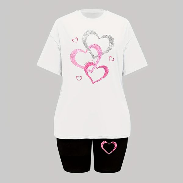 Heart Pattern Women Two Piece Outfits ODM OEM Short Sleeve Co Ord