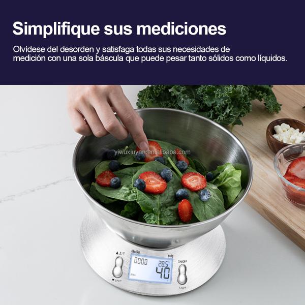 Escala de cocina digital de acero inoxidable de alta precisión 5 kg / 1g con tazón de masa de masa removible y batería de tiempo de habitación