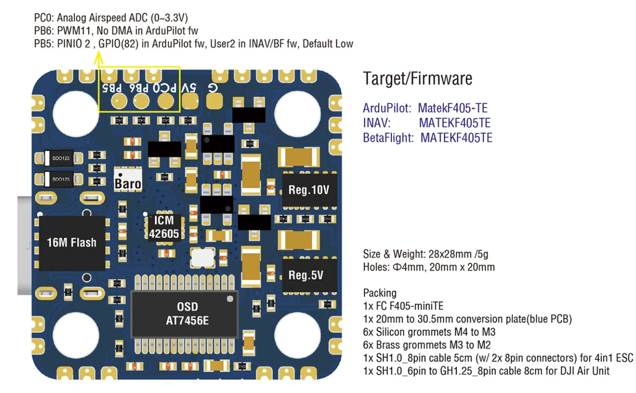 mateksys matek f405-minite flight controller 20xmm/30.5x mounting support blackbox/baro air unit ardupilot/bf/inav