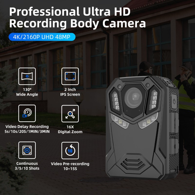 Professional 4K UHD 48MP  Body Worn Camera IP66 Waterproof IR Night Vision Body Camera with Wifi and Gps for Security Guard