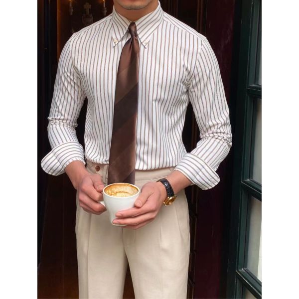Classic Striped Dress Shirt for Men with Button-Down Collar and Breathable Fabric