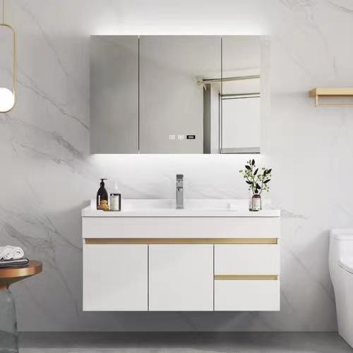 Modern Burnished Solid Wooden Bathroom Cabinet with Acrylic Door Panel and Countertop