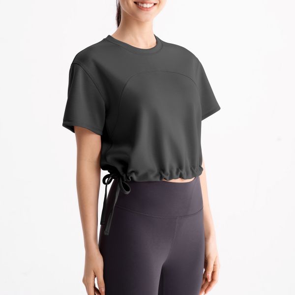 Women'S Yoga Crop Top Athletic Shirts Dark Gray Short Sleeved With Drawstring Hem