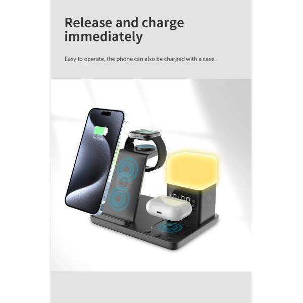 Cargador inalámbrico de salida de 15W Stand 6 en 1 escritorio con multifunción y reloj de alarma