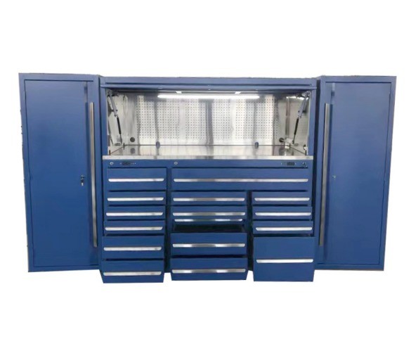Garage Workshop Brown 96 Inch 16 Drawer Rolling Tool Cabinet with Side Locker and Hutch