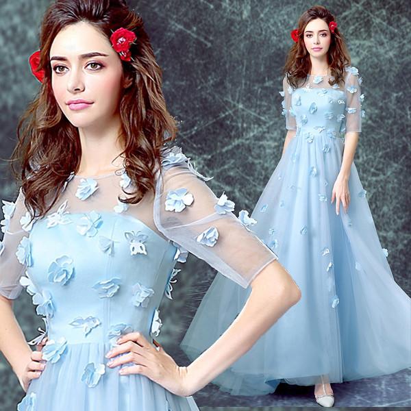 Gorgeous Light Blue Short Sleeves Appliques Chiffon Evening Dress TSJY087