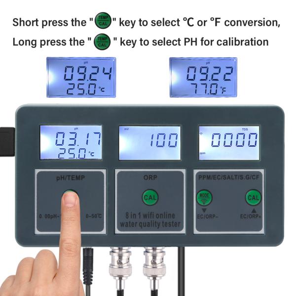 Lab Pool Water Tester Tuya WiFi 8 in 1 Digital PH/TEMP/ORP/PPM/EC/SALT/S.G/CF Testing