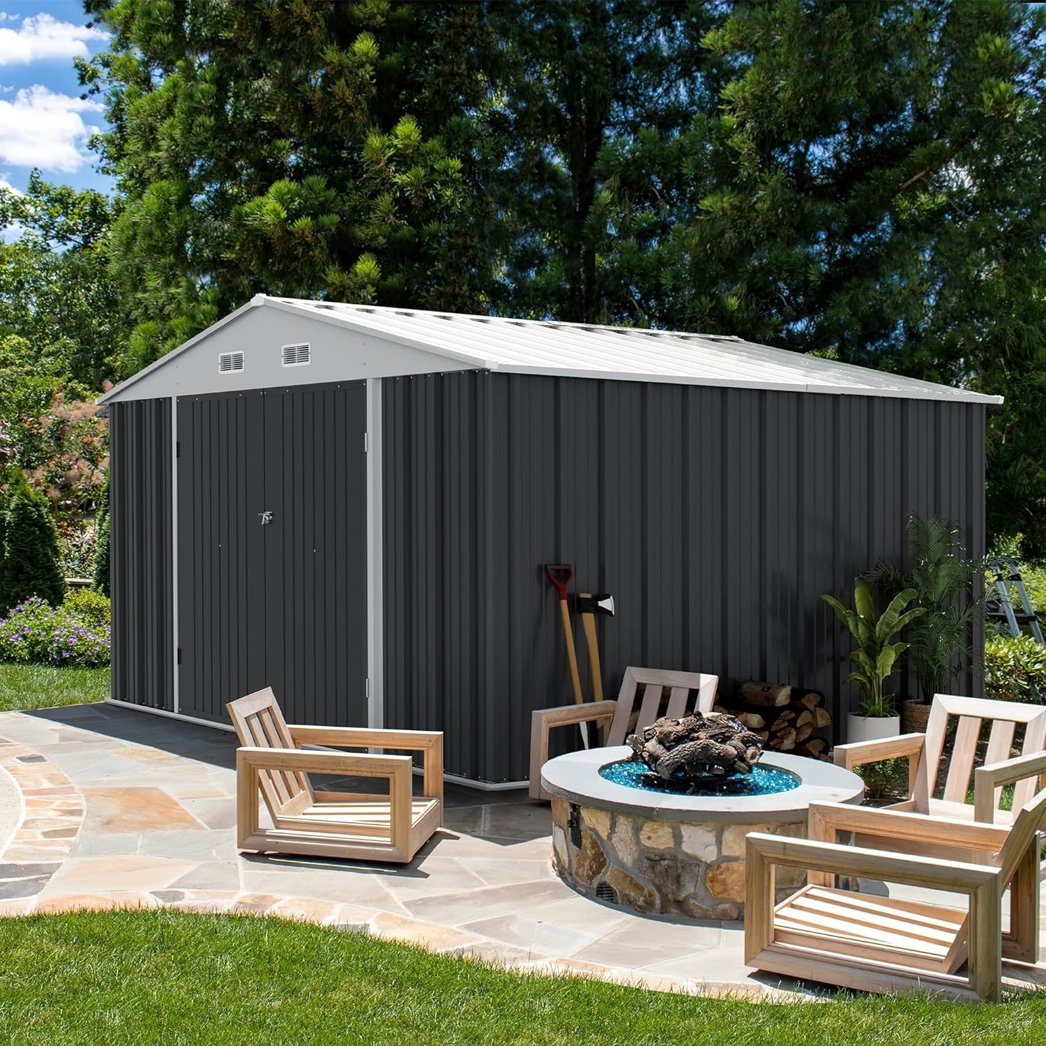 Outdoor Storage Tools Shed Large Size 8x10FT Metal House with 66.5 Height Steel Doors