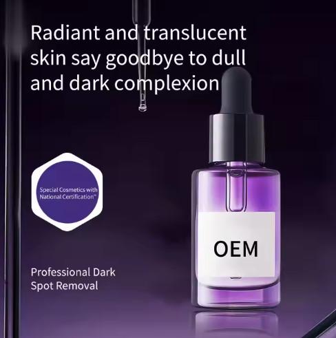 Étiquette personnalisée de blanchiment de tache d'OEM / ODM Éclaircissement du teint de la peau Sérum hydratant Effect remarquable Rétrécissement Sérum éclaircissant
