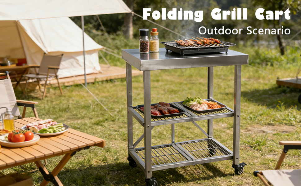 Foldable Stainless Steel Kitchen Cart With Wheels | Portable Kitchen Island, Microwave Stand & Storage Cart For Home, Restaurant & BBQ