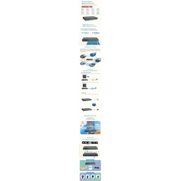 Unmanaged mode 24-port PoE switch plug-and-play design for Gigabit uplink networking